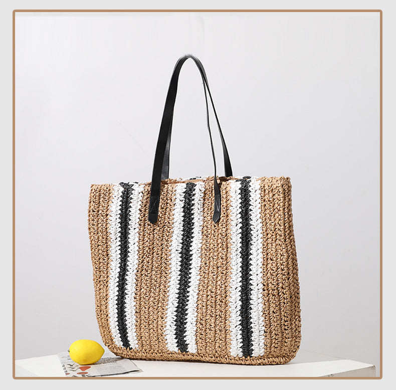 Women's Straw Stripe Vacation Weave Square Magnetic Buckle Tote Bag