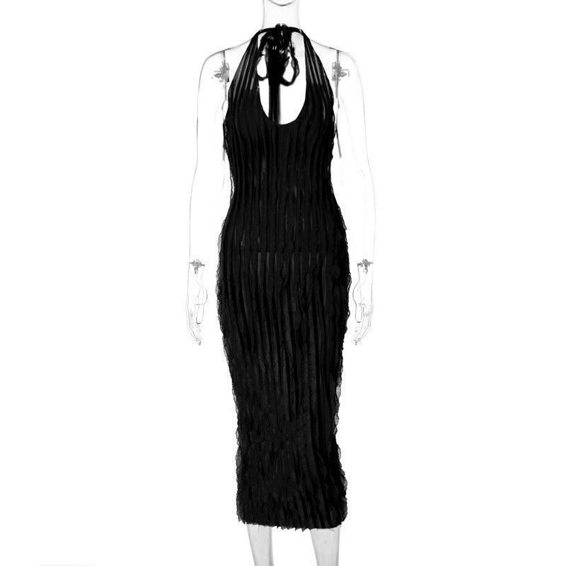 Women's Sheath Dress Elegant Sexy Halter Neck Pleated Long Sleeve Stripe Maxi Long Dress Holiday