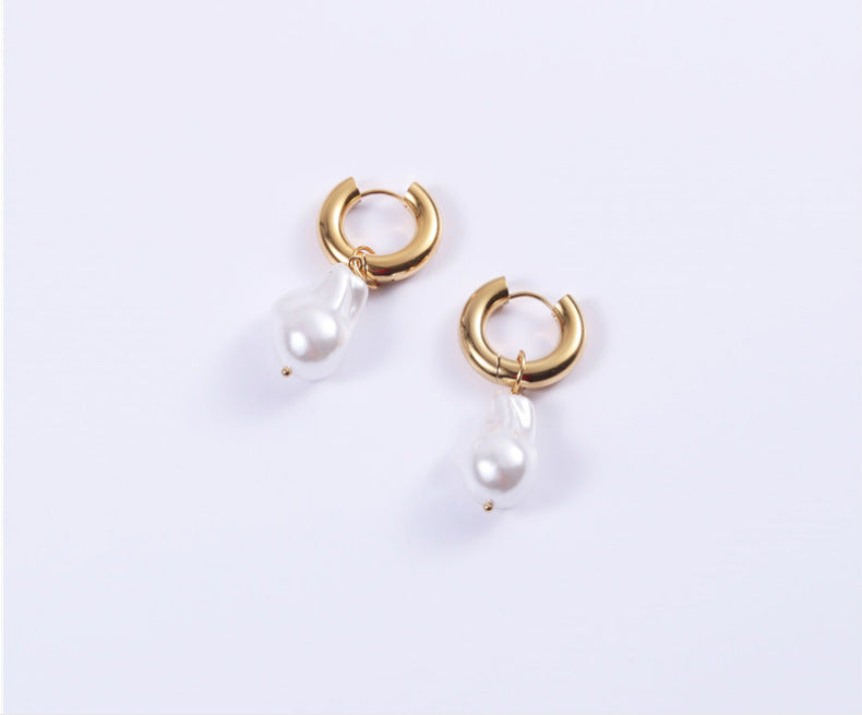 1 Pair Retro Geometric Inlay 304 Stainless Steel Baroque pearl Drop Earrings - CEJEW