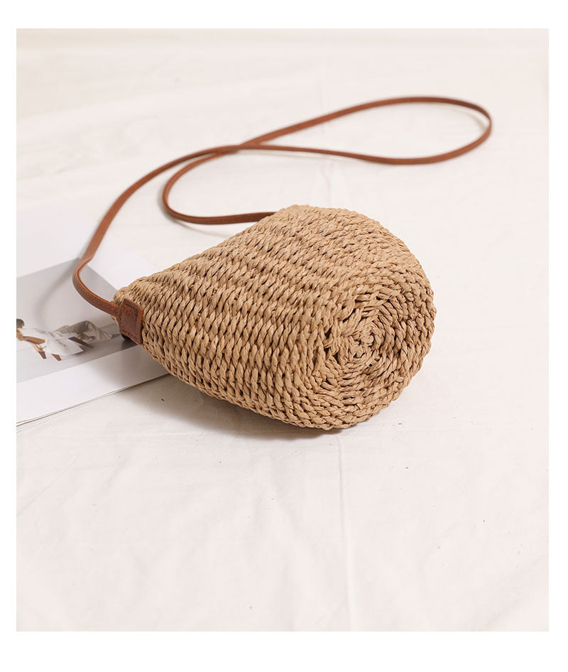 Women's Straw Solid Color Vacation Weave Bucket Zipper Crossbody Bag