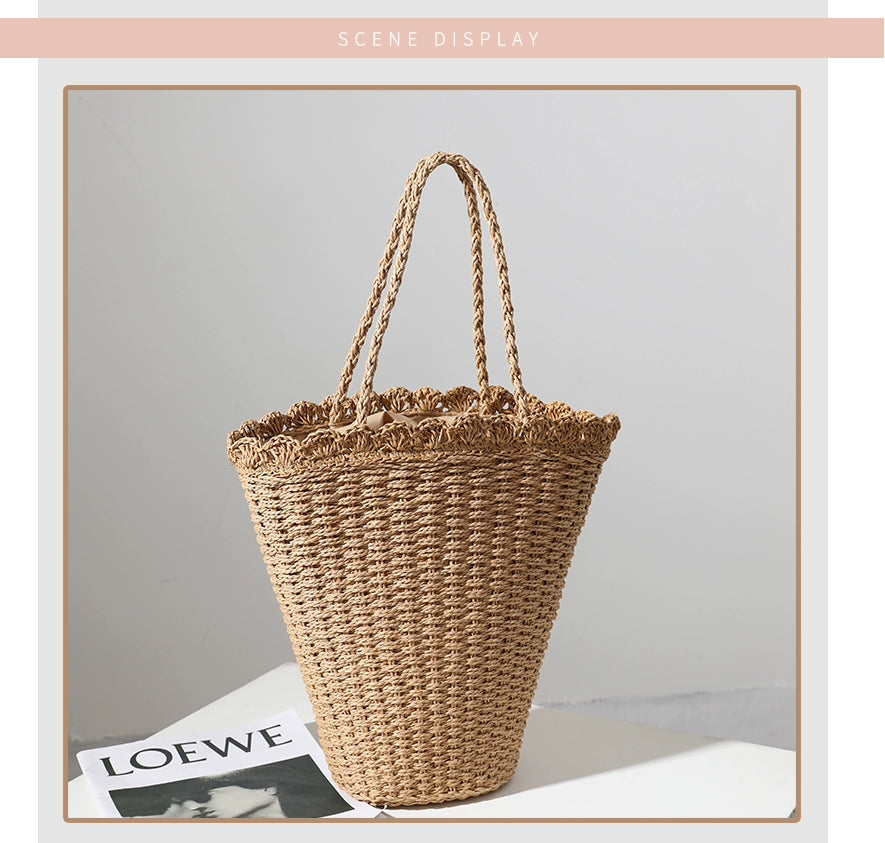 Women's Straw Solid Color Vacation Weave Shell String Shoulder Bag