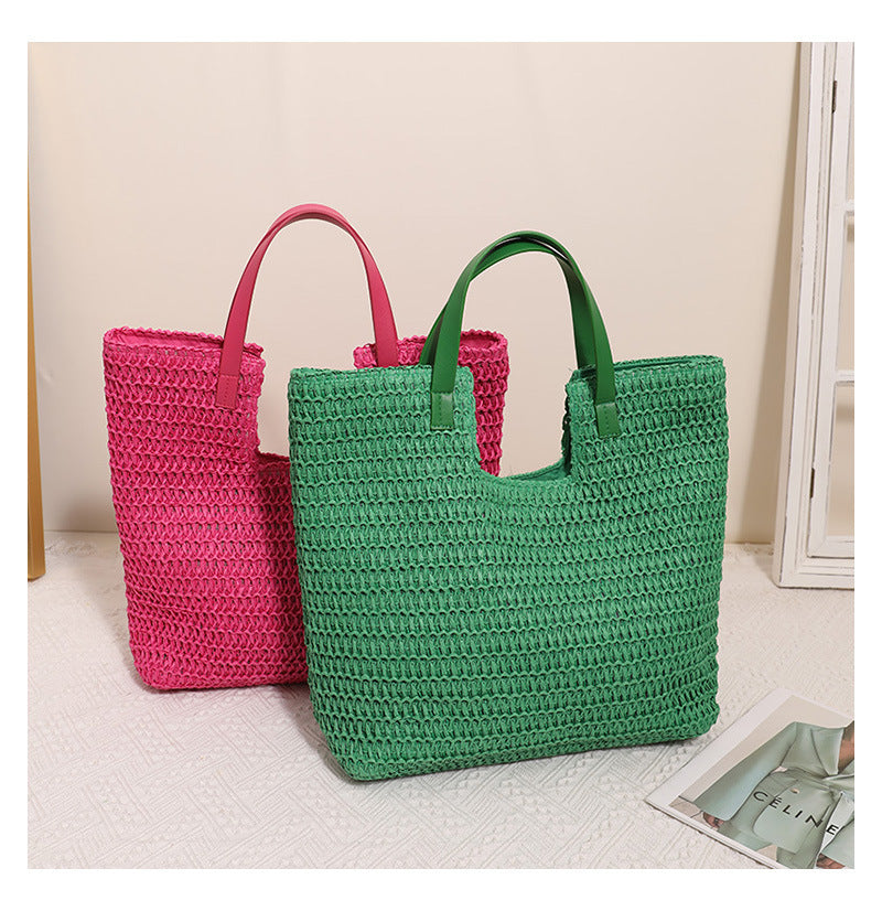 Women's Large Paper Solid Color Elegant Streetwear Weave Square Magnetic Buckle Straw Bag