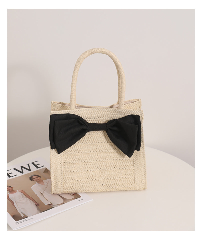 Women's Straw Bow Knot Vacation Weave Square Magnetic Buckle Handbag