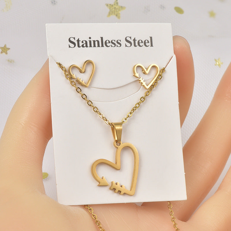 Jewelry Sweet Simple Style IG Style Heart Shape Titanium Steel Hollow Out Jewelry Set