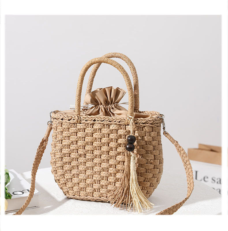 Women's Straw Solid Color Vacation Beading Tassel Weave Square String Shoulder Bag