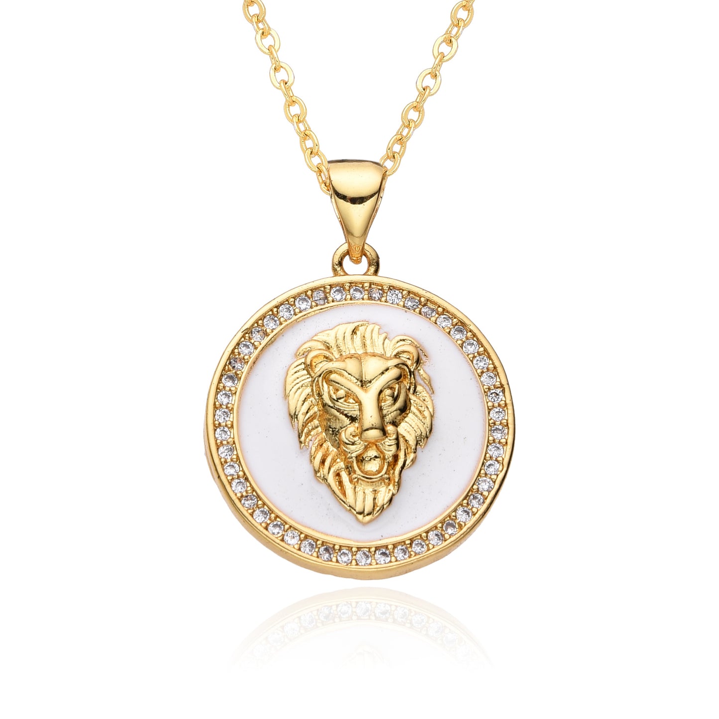 Copper Gold Plated Enamel Inlay Round Lion Bee Zircon Pendant Necklace