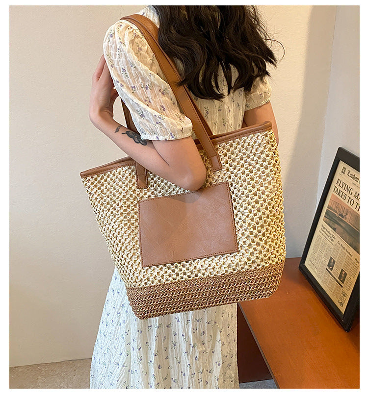 Women's Medium Straw Solid Color Basic Beach Weave Sewing Thread Square Zipper Tote Bag