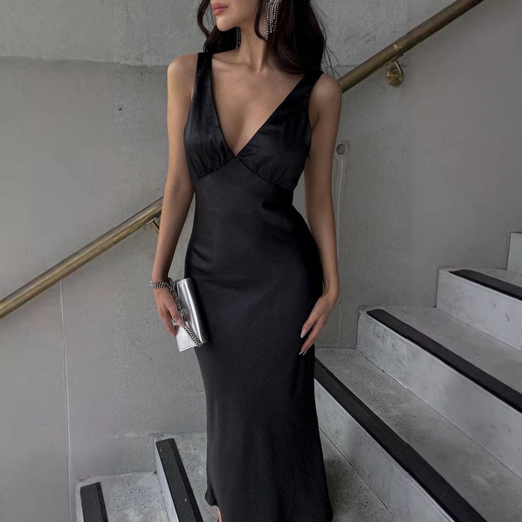 Women's Strap Dress Sexy V Neck Backless Sleeveless Solid Color Maxi Long Dress Holiday Banquet