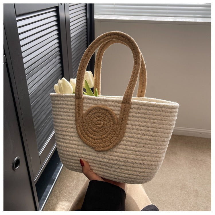 Women's cotton thread Splicing Vacation Weave Bucket Open Handbag