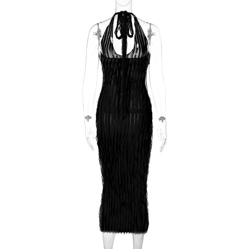 Women's Sheath Dress Elegant Sexy Halter Neck Pleated Long Sleeve Stripe Maxi Long Dress Holiday