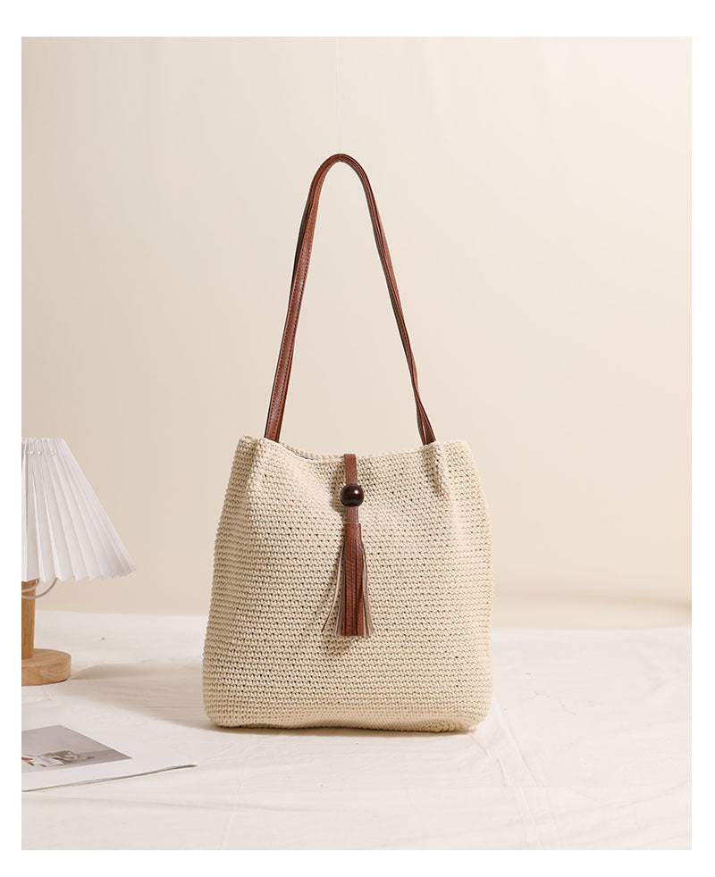 Women's Medium Cotton Solid Color Classic Style Weave Square Magnetic Buckle Straw Bag