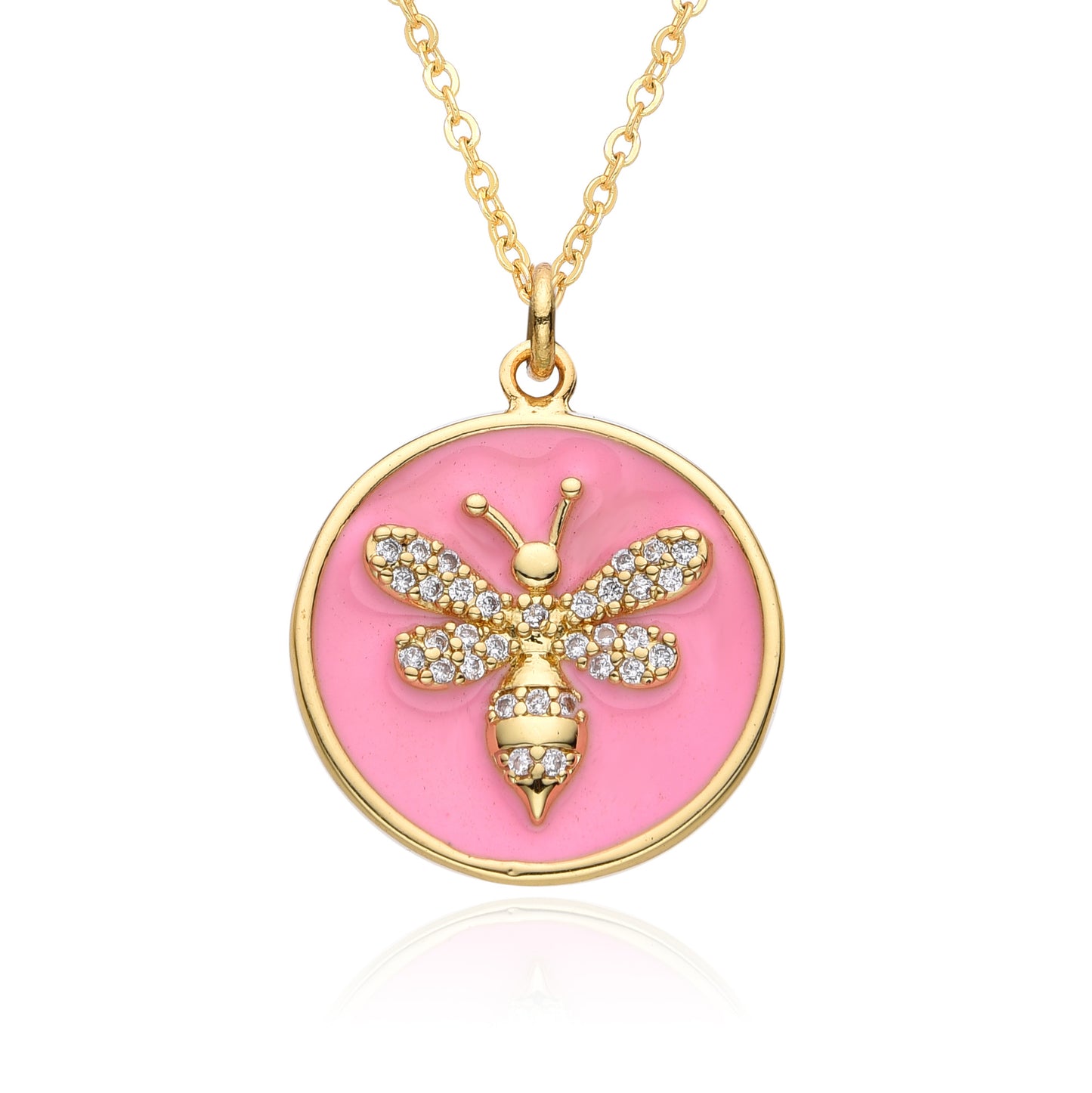 Copper Gold Plated Enamel Inlay Round Lion Bee Zircon Pendant Necklace