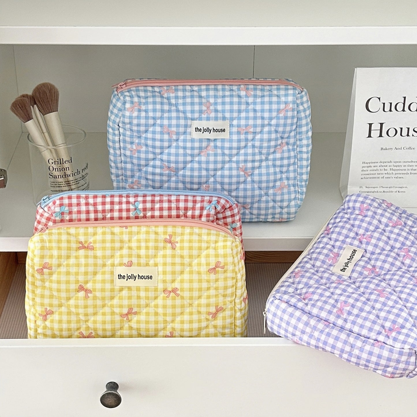 Elegant Streetwear Plaid Canvas Square Makeup Bags