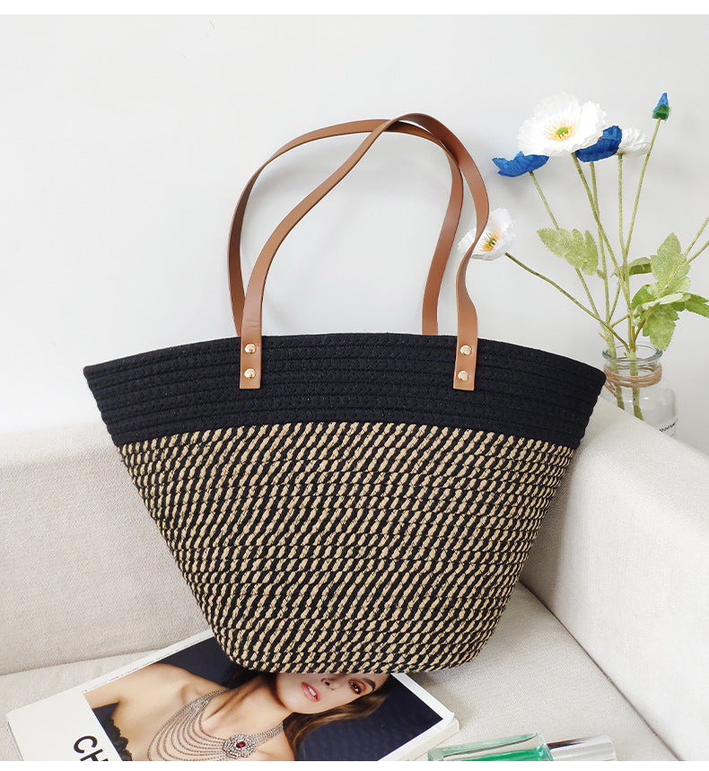 Women's Large Cotton Color Block Vacation Beach Weave Bucket Open Tote Bag