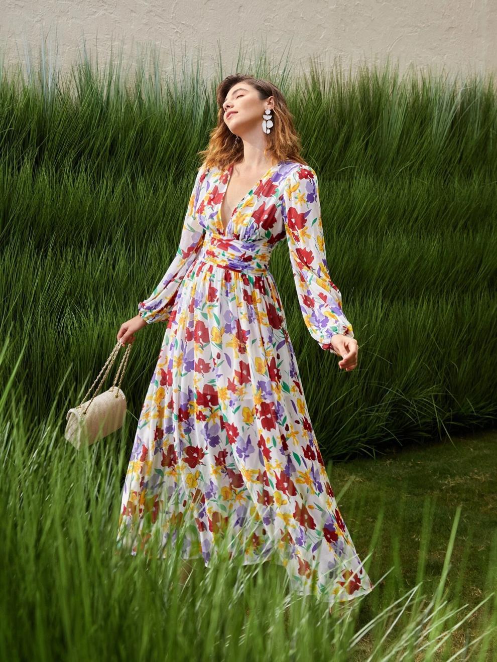 Women's Swing Dress Streetwear V Neck Long Sleeve Flower Maxi Long Dress Holiday