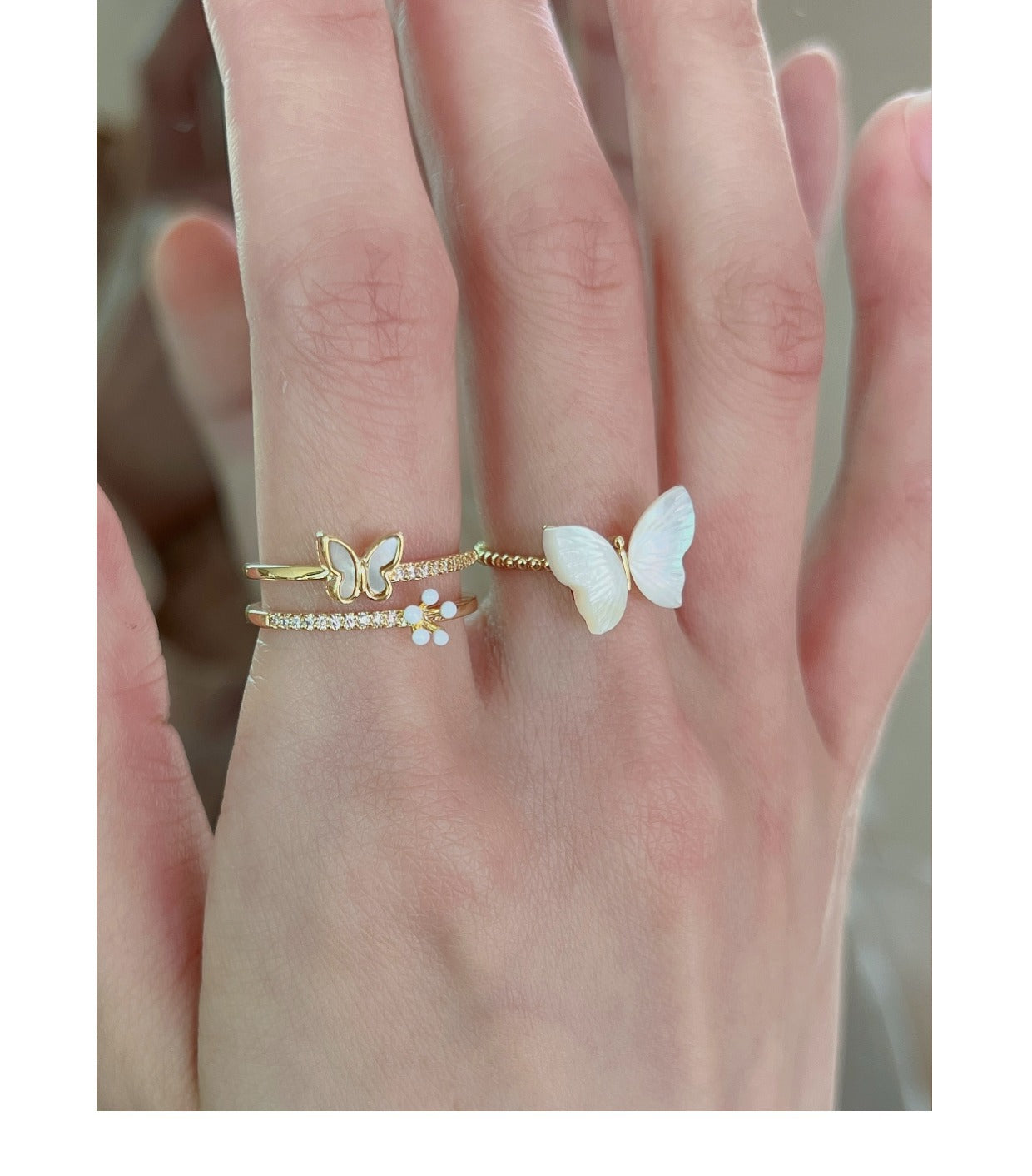 artistic flower rhombus butterfly copper enamel inlay artificial pearls shell zircon rings - CEJEW