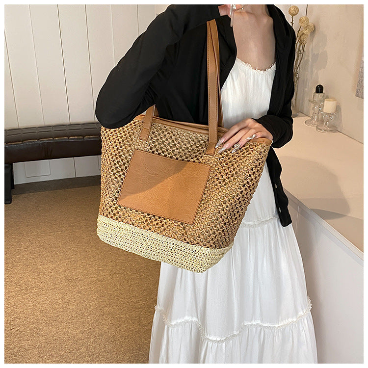 Women's Medium Straw Solid Color Basic Beach Weave Sewing Thread Square Zipper Tote Bag