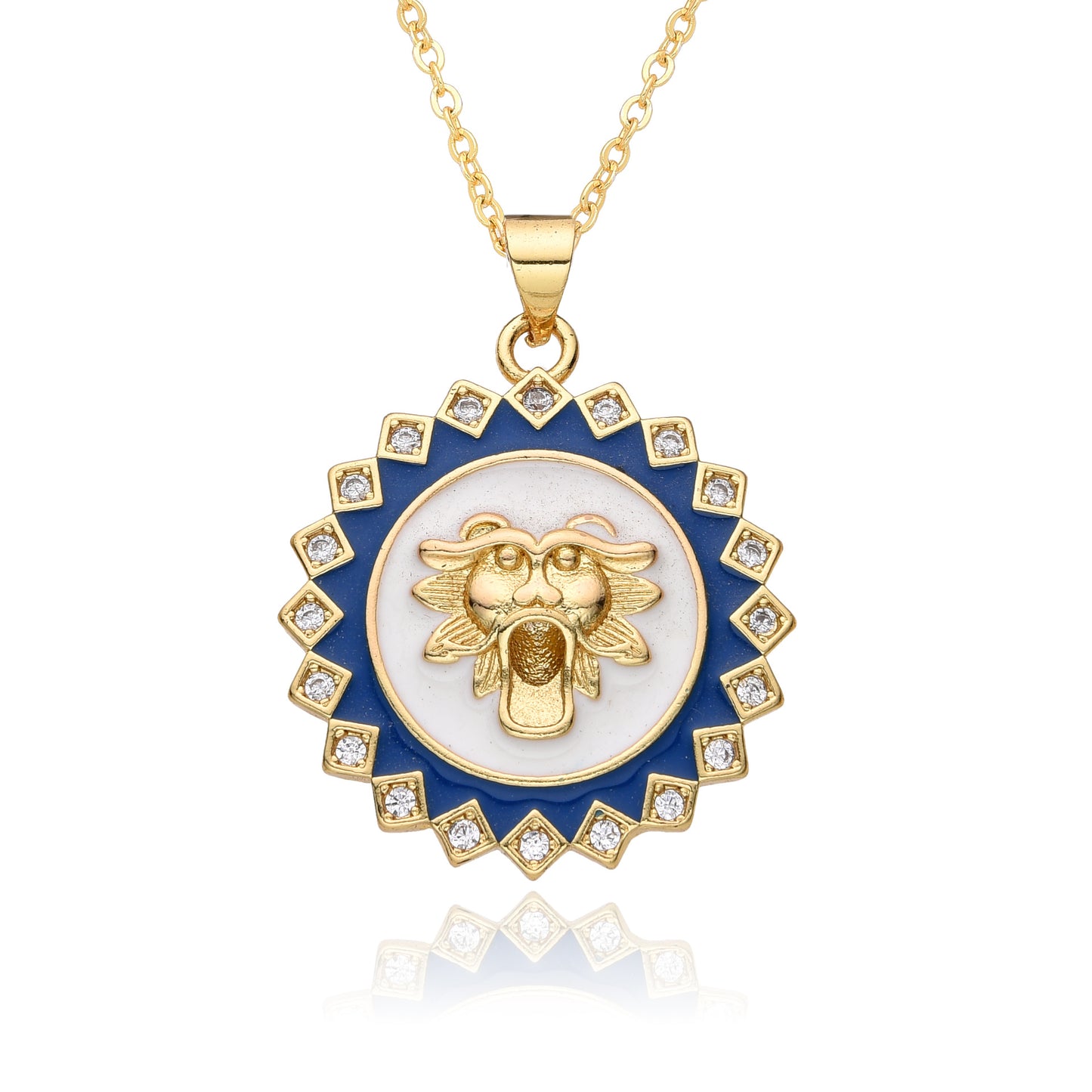 Copper Gold Plated Enamel Inlay Round Lion Bee Zircon Pendant Necklace