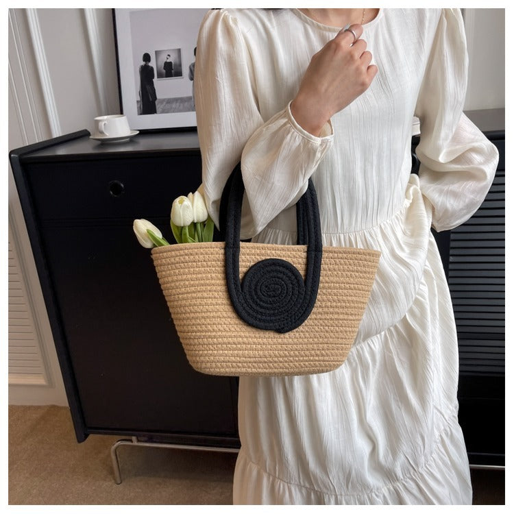 Women's cotton thread Splicing Vacation Weave Bucket Open Handbag