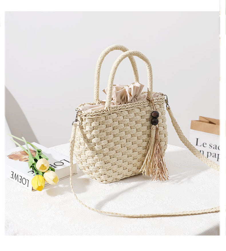 Women's Straw Solid Color Vacation Beading Tassel Weave Square String Shoulder Bag