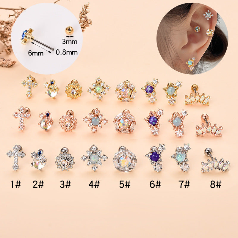 retro cross star stainless steel copper plating inlay zircon ear studs 1 piece