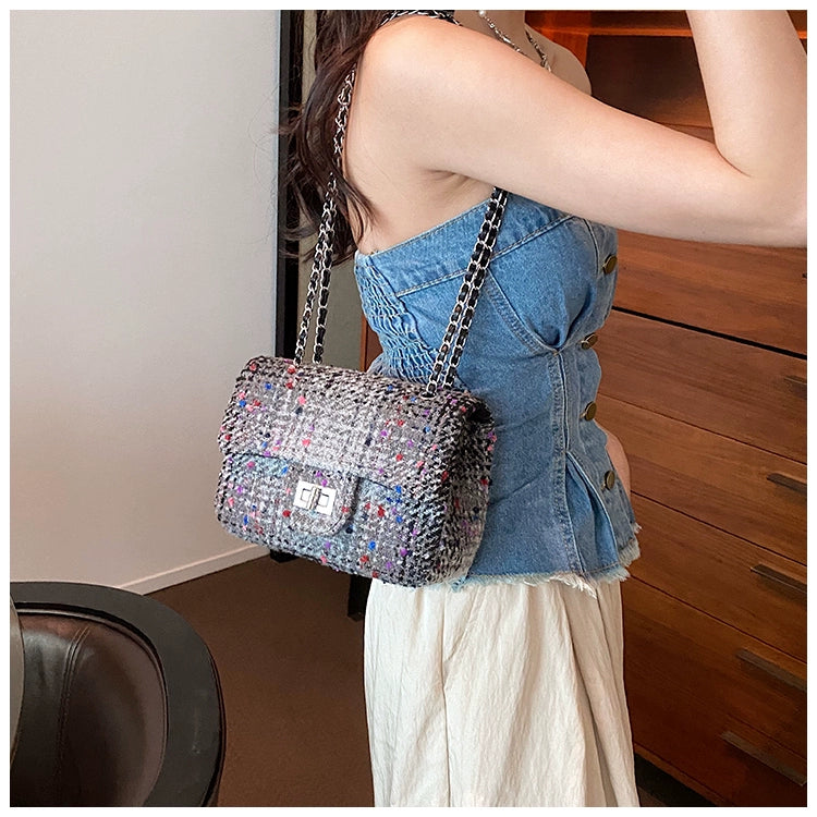 Women's Small cotton and linen Multicolor Streetwear Weave Square Lock clasp Crossbody Bag