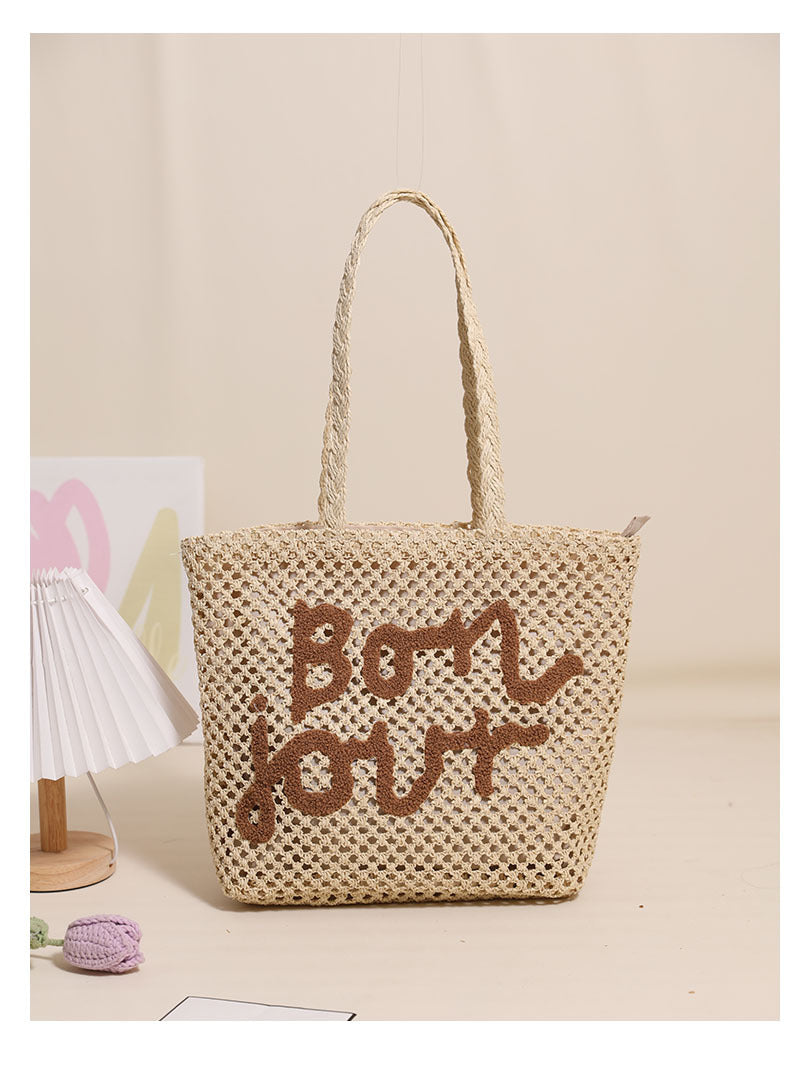 Women's Straw Letter Vacation Embroidery Weave Square Zipper Tote Bag