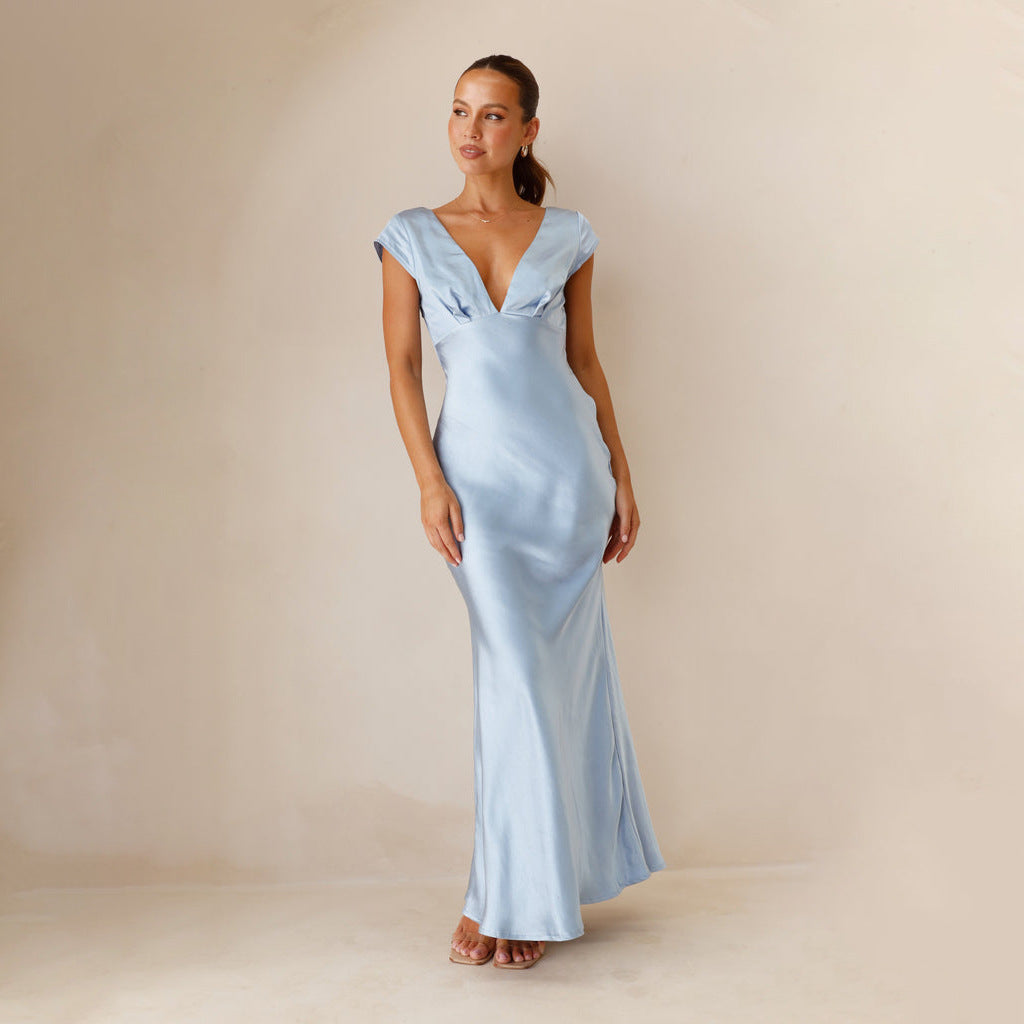 Women's Sheath Dress Elegant Sexy V Neck Backless Sleeveless Solid Color Maxi Long Dress Holiday Banquet