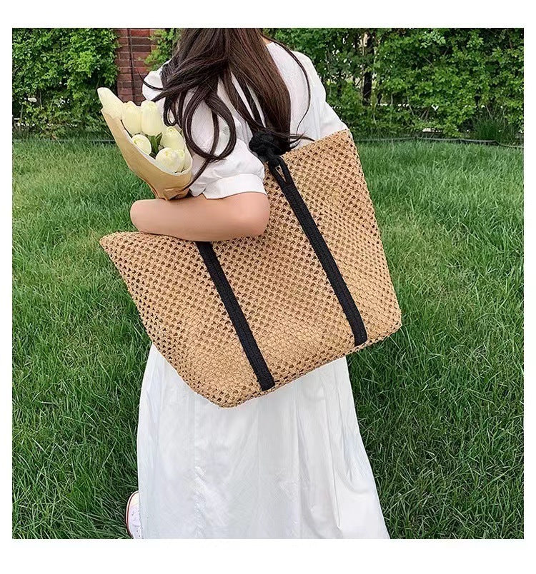 Women's Large Paper Solid Color Elegant Streetwear Weave Square Zipper Straw Bag