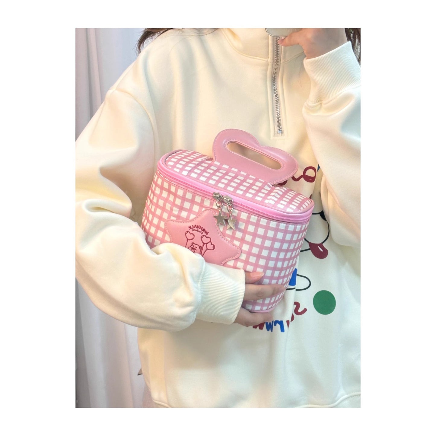 Streetwear Lattice Canvas Sewing Thread Pillow Shape Makeup Bags