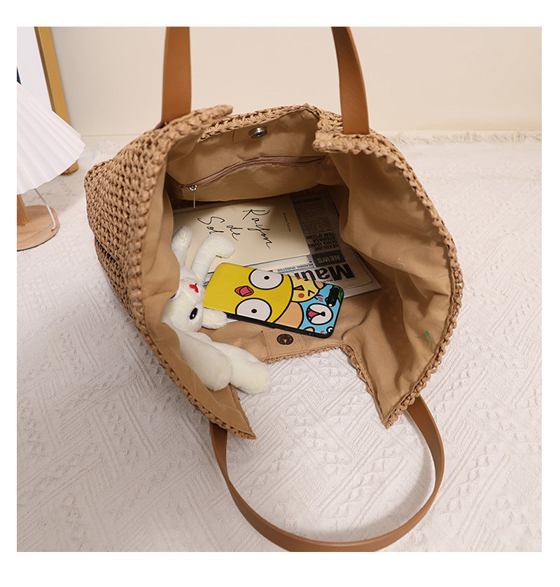 Women's Large Paper Solid Color Elegant Streetwear Weave Square Magnetic Buckle Straw Bag