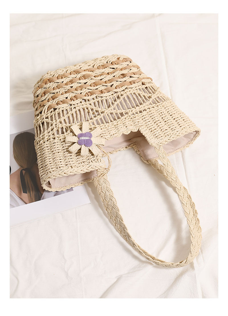 Women's Straw Flower Vacation Weave Hollow Bucket Zipper Tote Bag