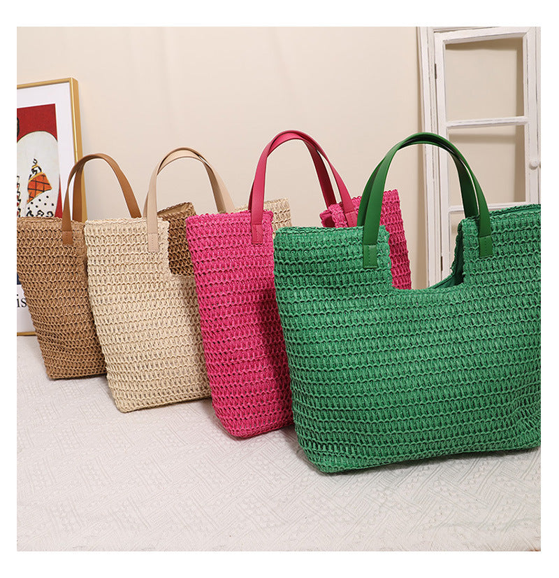 Women's Large Paper Solid Color Elegant Streetwear Weave Square Magnetic Buckle Straw Bag