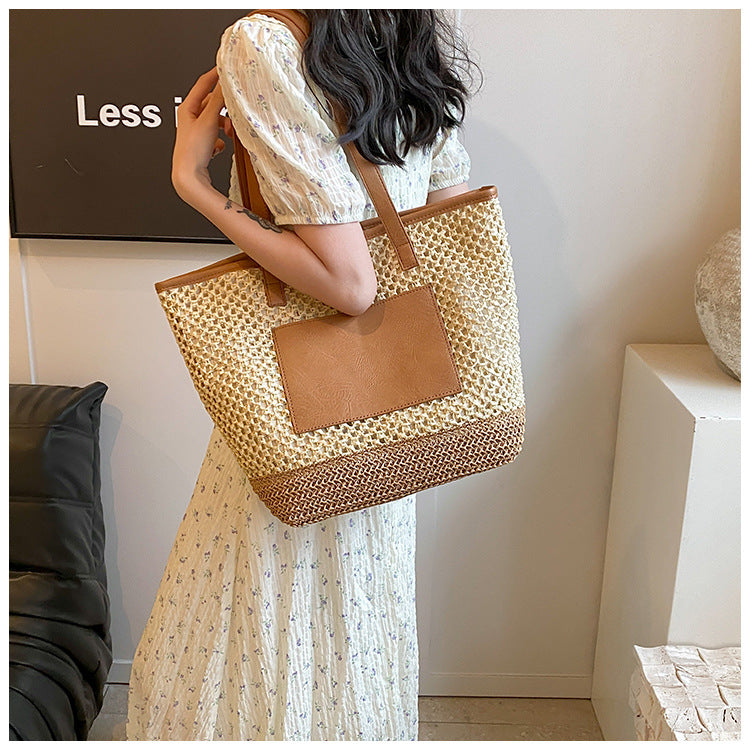 Women's Medium Straw Solid Color Basic Beach Weave Sewing Thread Square Zipper Tote Bag