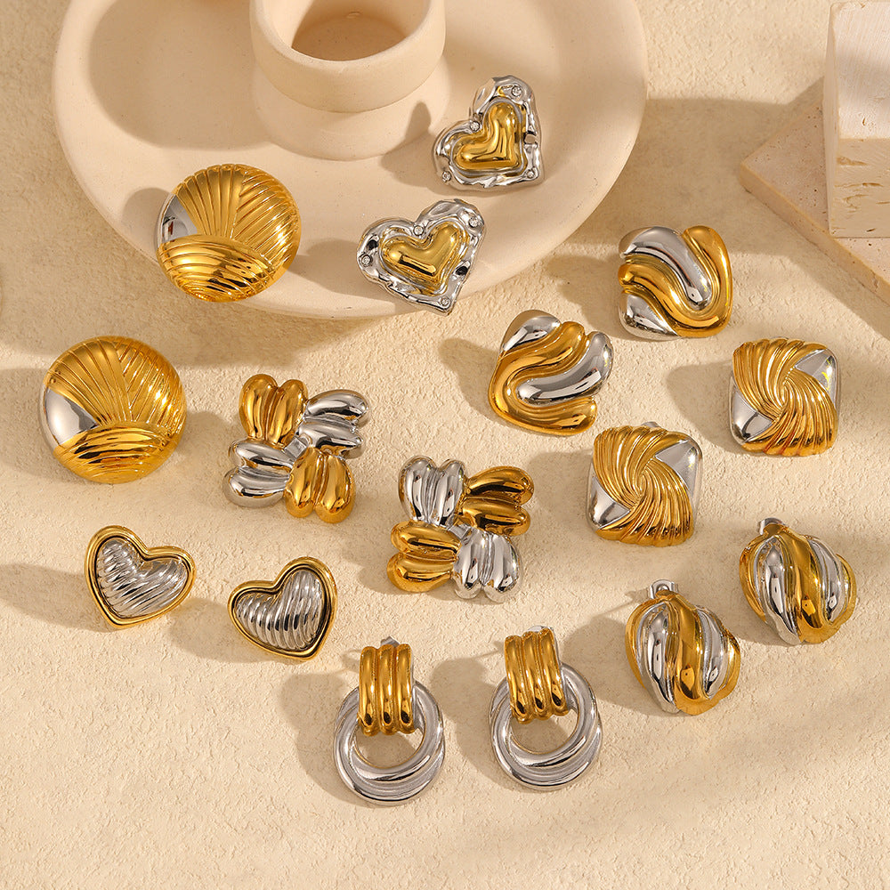 1 Pair Simple Style Geometric Heart Shape Mixed Metal Inlay 304 Stainless Steel Zircon 18K Gold Plated Ear Studs