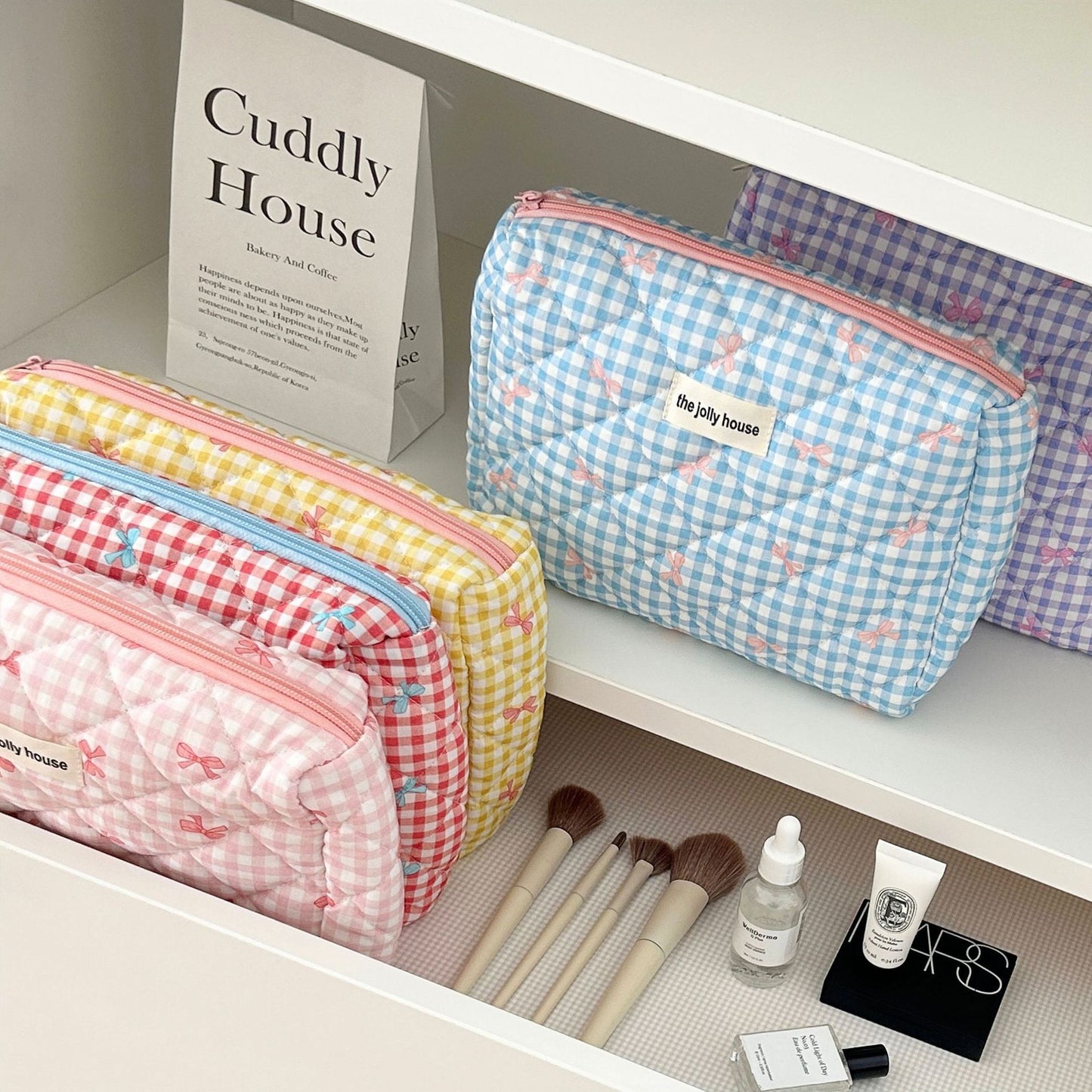 Elegant Streetwear Plaid Canvas Square Makeup Bags