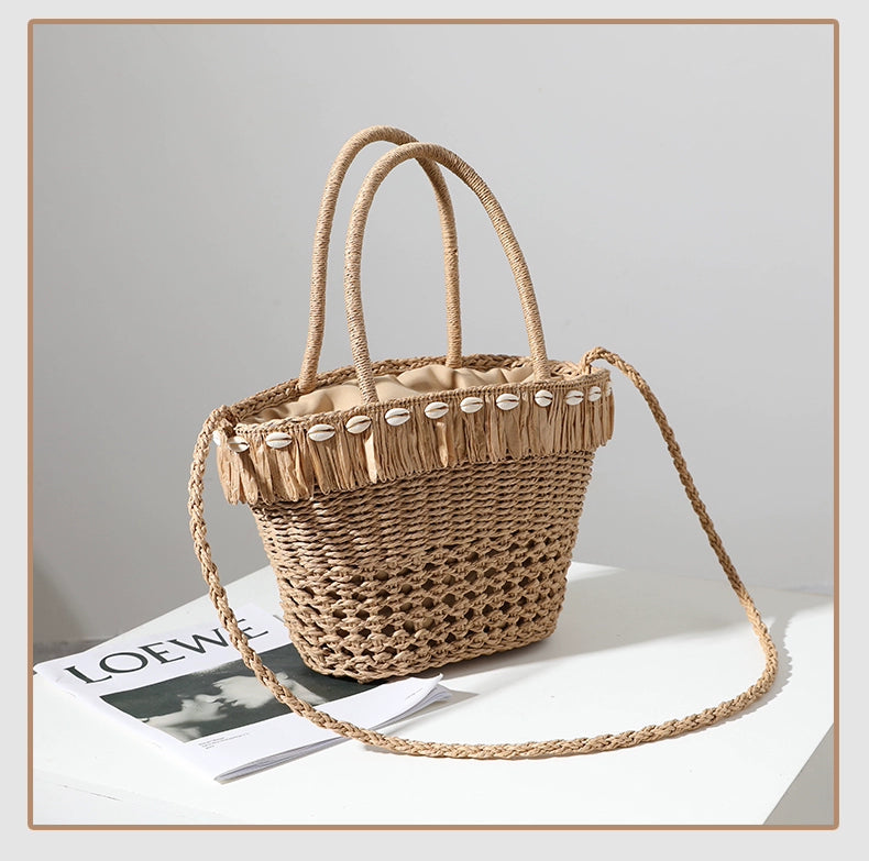 Women's Medium Straw Solid Color Vacation Beach Weave Bucket String Straw Bag