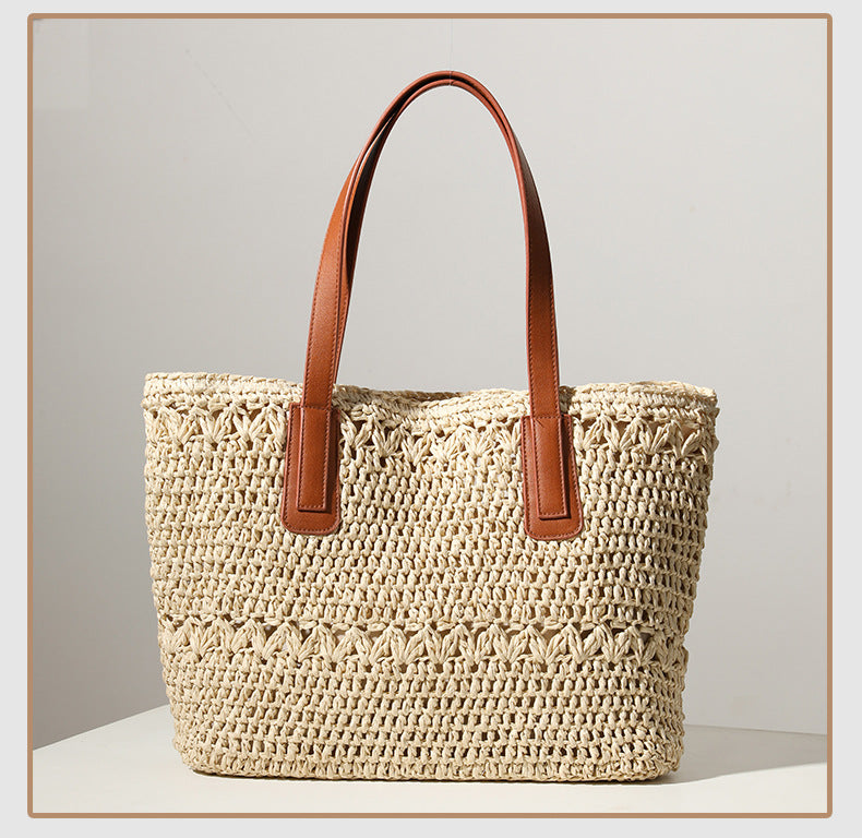 Women's Straw Solid Color Vacation Weave Square Zipper Tote Bag