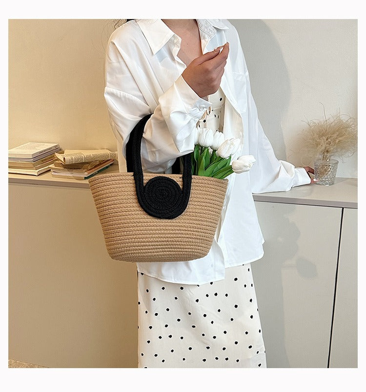 Women's cotton thread Splicing Vacation Weave Bucket Open Handbag