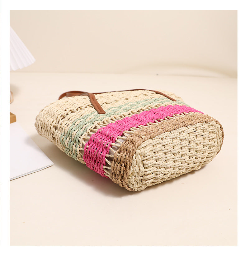 Women's Straw Stripe Vintage Style Shell Zipper Shoulder Bag