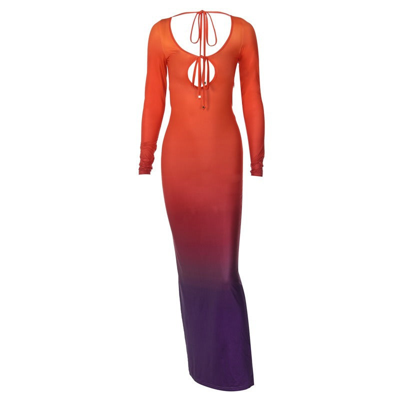 Women's Sheath Dress Elegant Sexy U Neck Hollow Out Long Sleeve Gradient Color Maxi Long Dress Holiday