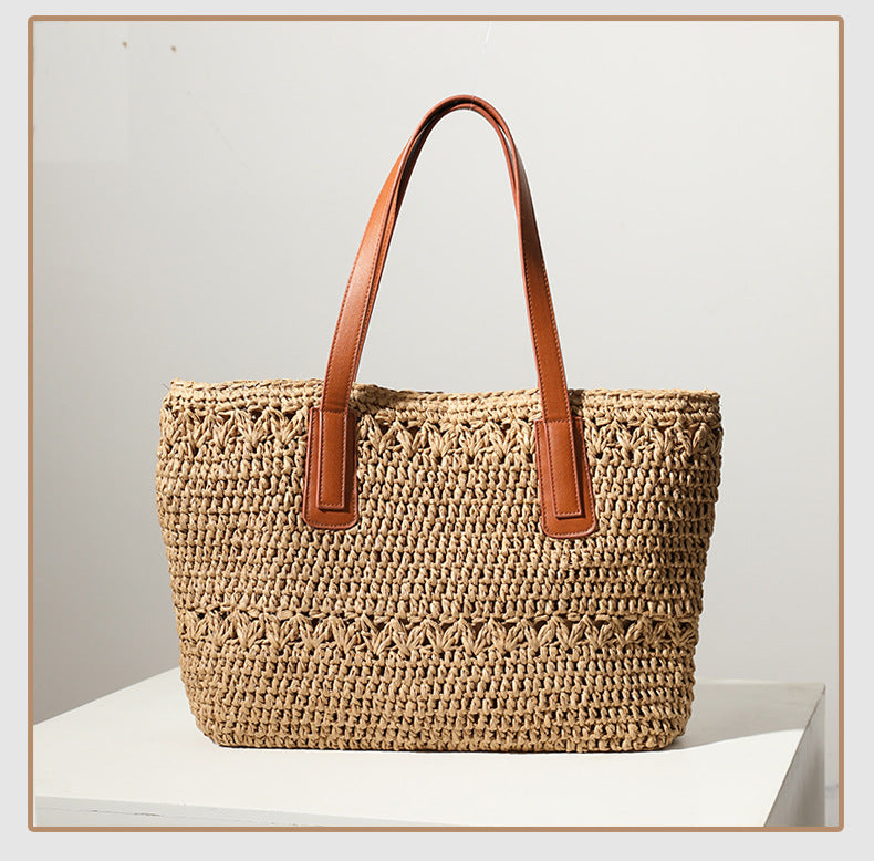 Women's Straw Solid Color Vacation Weave Square Zipper Tote Bag