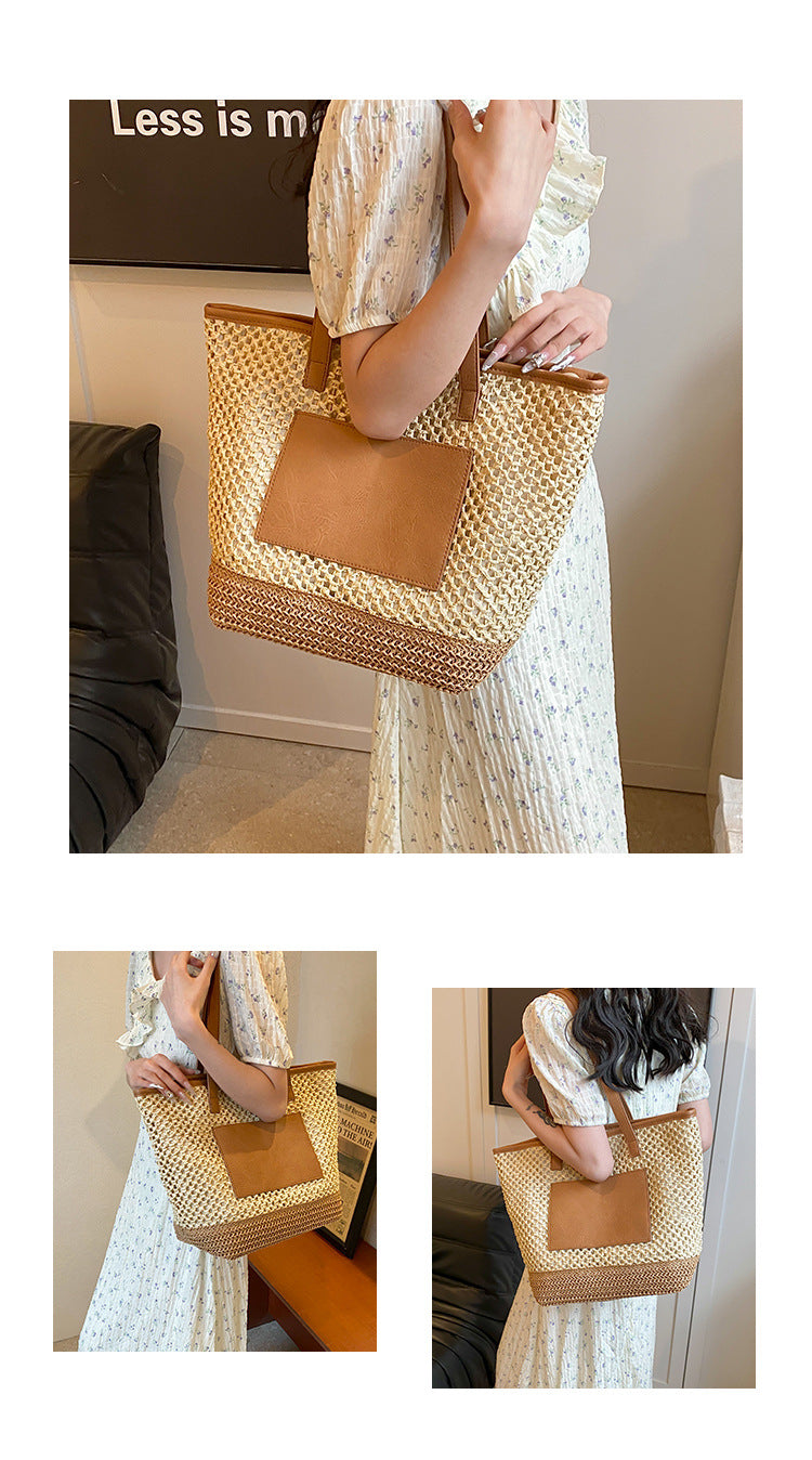 Women's Medium Straw Solid Color Basic Beach Weave Sewing Thread Square Zipper Tote Bag