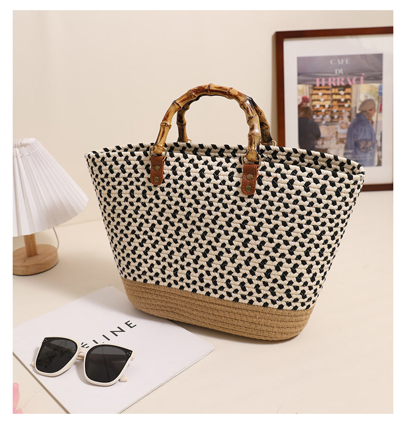 Women's Cotton Splicing Vacation Weave Shell Open Handbag