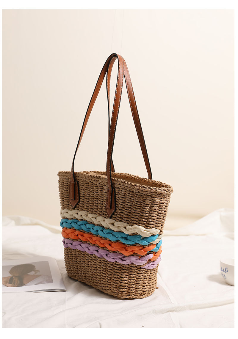 Women's Straw Stripe Vacation Weave Shell Zipper Tote Bag