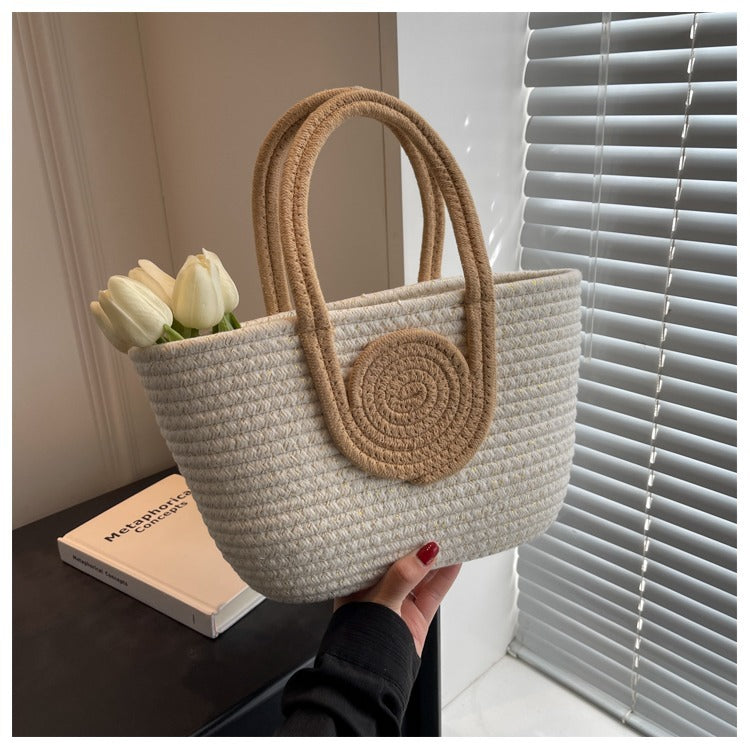 Women's cotton thread Splicing Vacation Weave Bucket Open Handbag