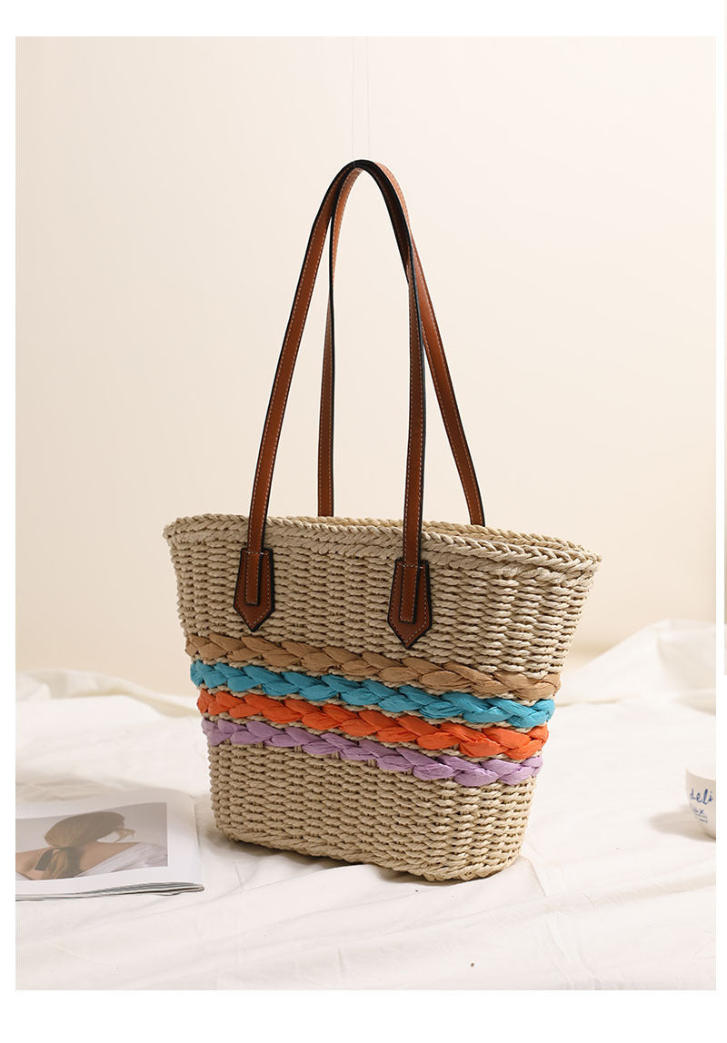 Women's Straw Stripe Vacation Weave Shell Zipper Tote Bag