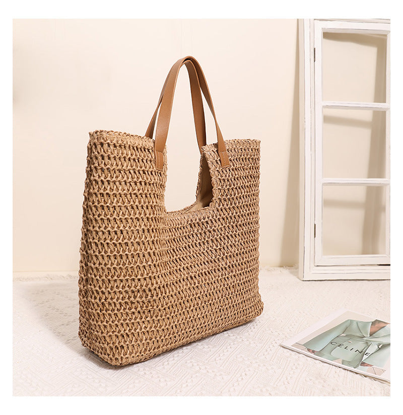 Women's Large Paper Solid Color Elegant Streetwear Weave Square Magnetic Buckle Straw Bag