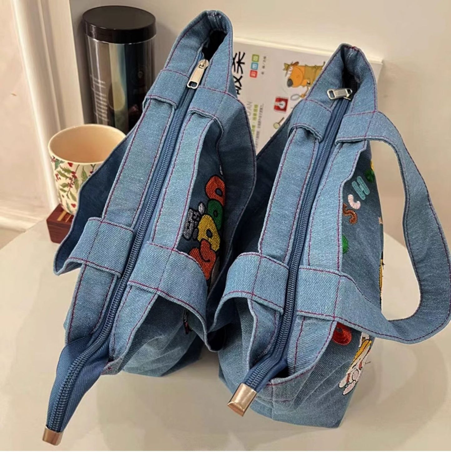 Unisex Denim Animal Letter Elegant Streetwear Square Zipper Shopping bags