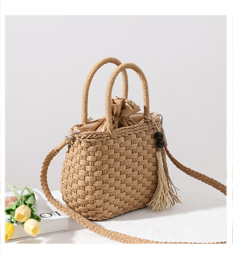 Women's Straw Solid Color Vacation Beading Tassel Weave Square String Shoulder Bag